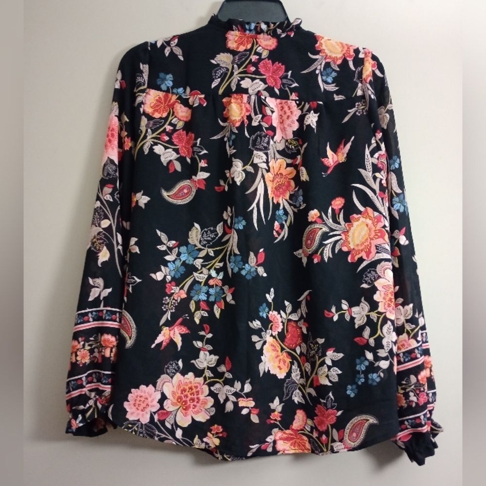 LOFT Black Floral Long Sleeve Blouse Size Medium